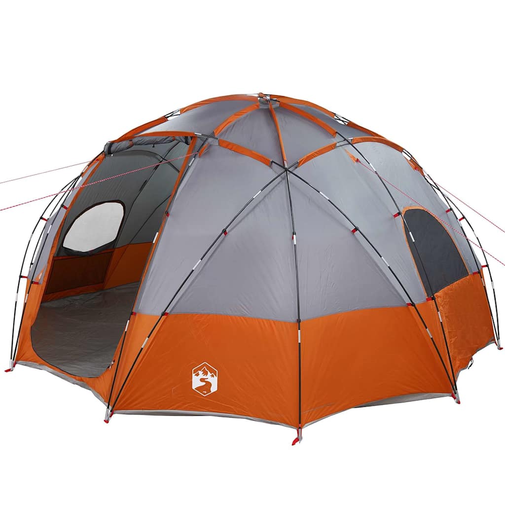 Detail van de vidaXL koepeltent in grijs en oranje, zijaanzicht met open ingang.