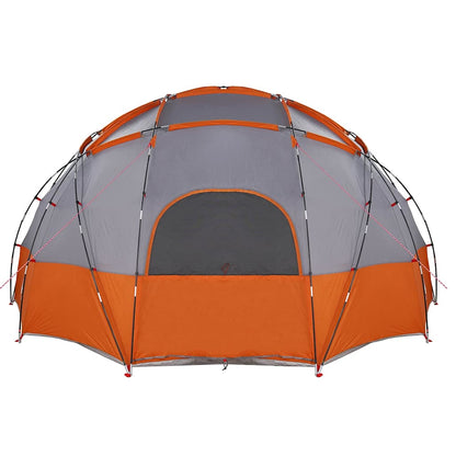 Zijaanzicht van de vidaXL koepeltent in grijs en oranje met ingang en ventilatie.
