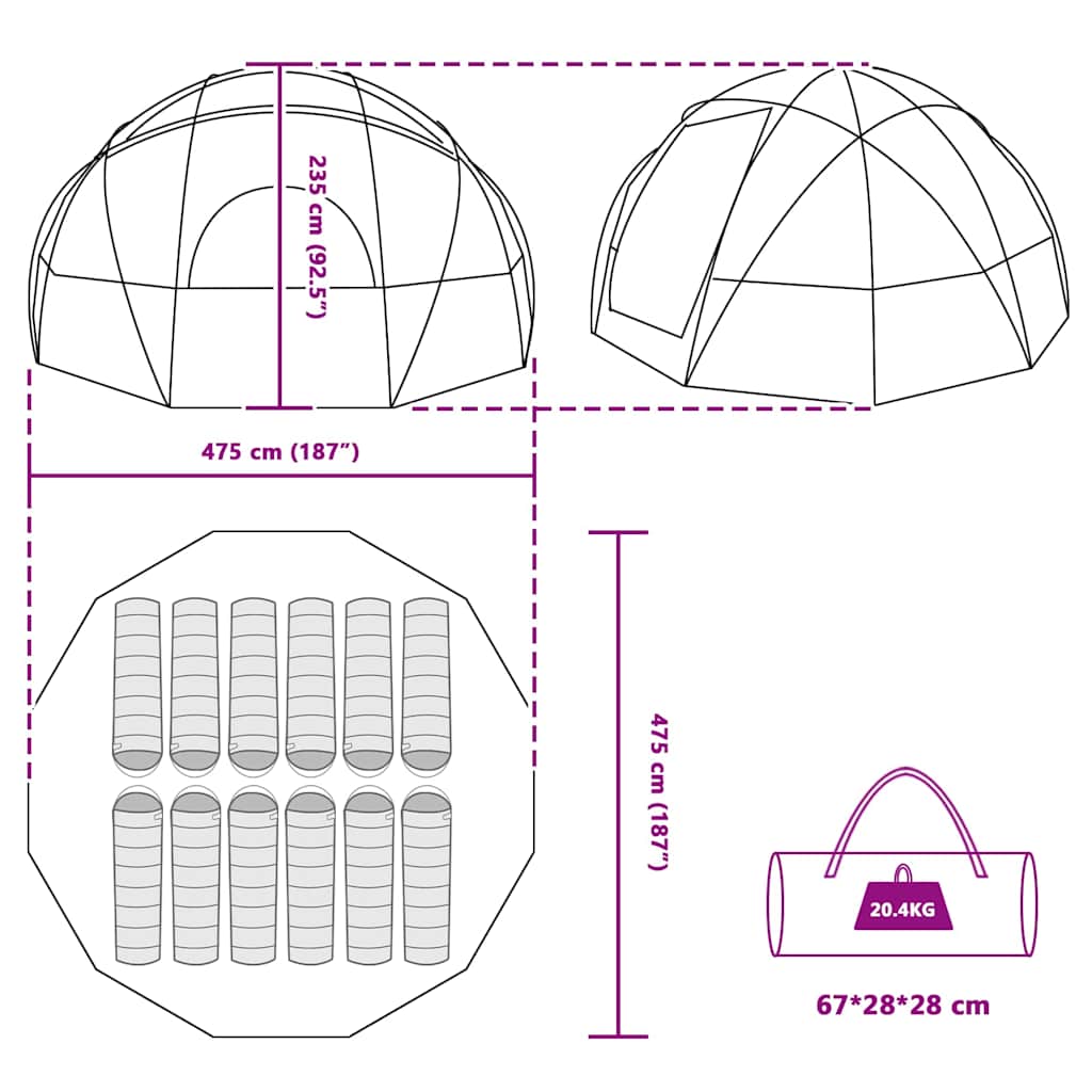 Detailtekening van de vidaXL koepeltent met afmetingen en indeling voor maximaal 12 personen.