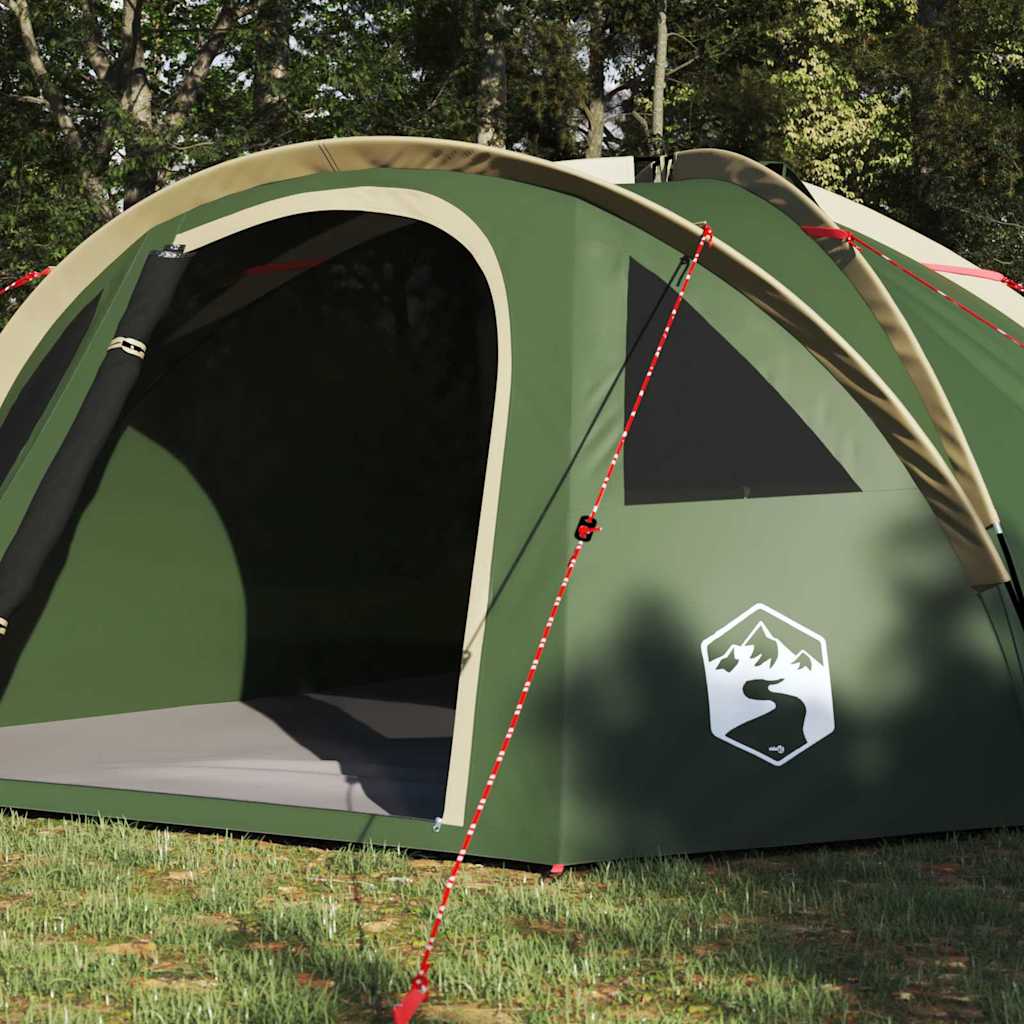 Detail van de groene vidaXL campingtent met open ingang en stevige bevestigingsriemen.