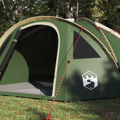 Detail van de groene vidaXL campingtent met open ingang en stevige bevestigingsriemen.