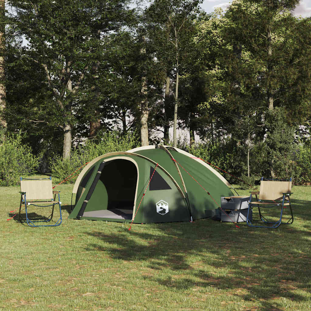 vidaXL Camping Tent in groen, met comfortabele stoelen en een rustige bosomgeving.