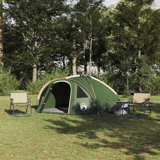 vidaXL Camping Tent in groen, met comfortabele stoelen en een rustige bosomgeving.