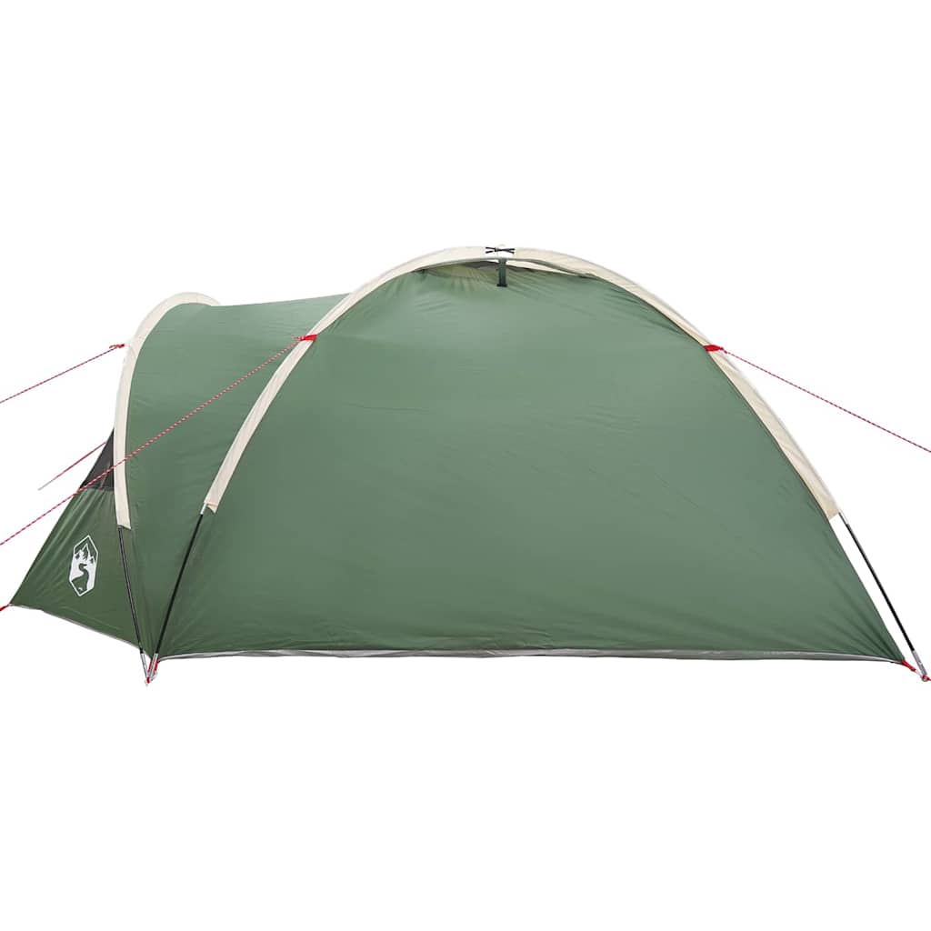 Zijaanzicht van de vidaXL Camping Tent in groen, met gebogen dak en stevige constructie.