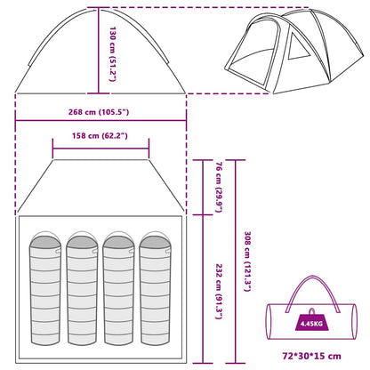 Detail van de vidaXL Camping Tent met afmetingen en opbergtas in groen.