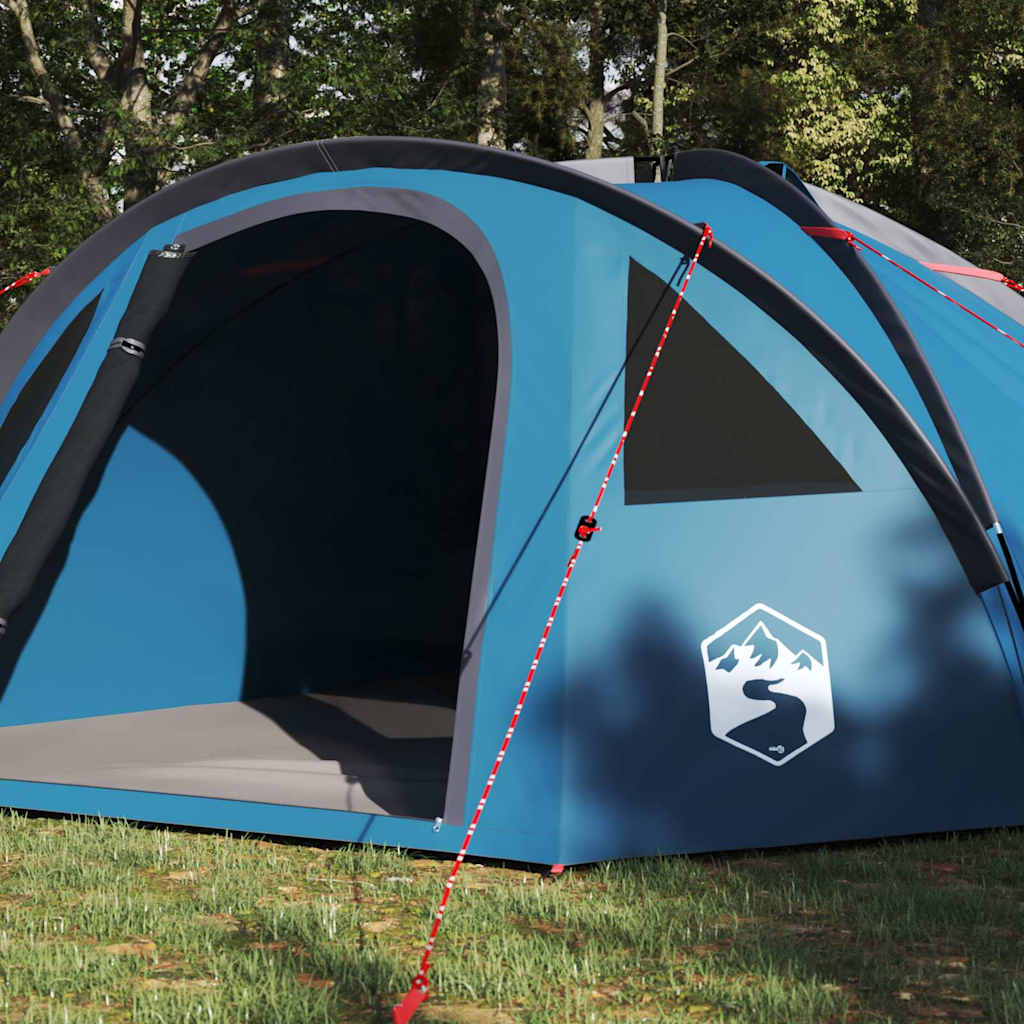 Zijaanzicht van de vidaXL blauwe campingtent met open ingang en stevige constructie.
