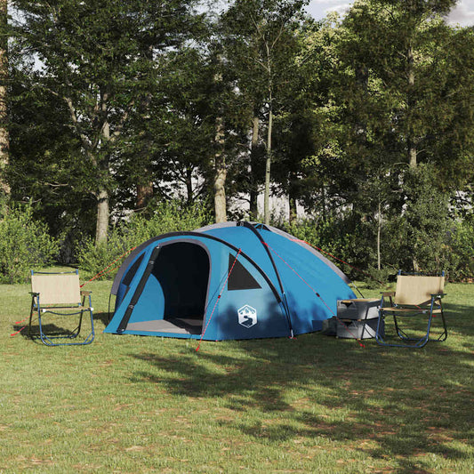 Blauwe vidaXL campingtent met ruime opzet, omringd door comfortabele stoelen in de natuur.