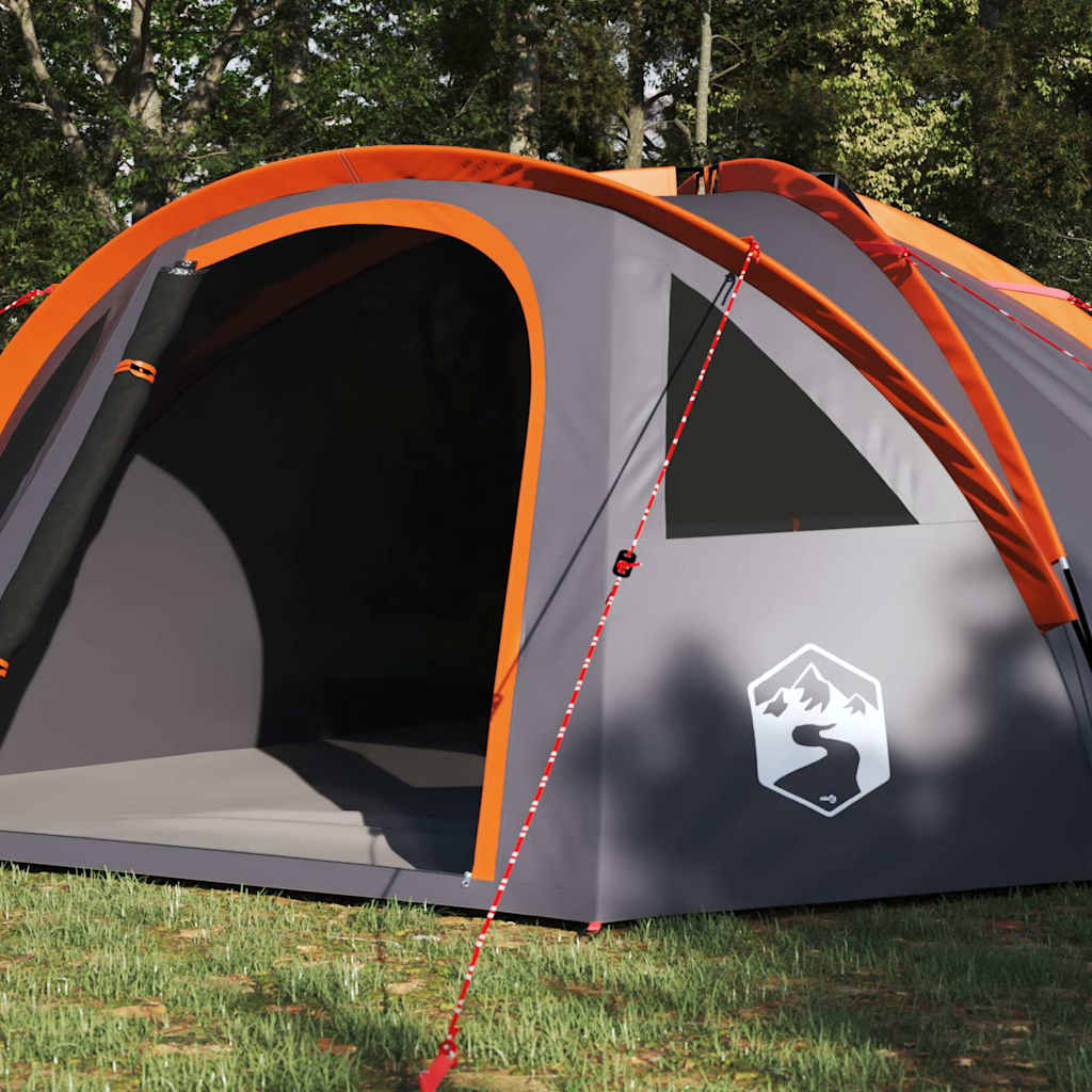 Detail van de vidaXL campingtent in grijs en oranje met open ingang en stevige rits.