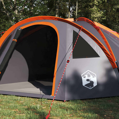Detail van de vidaXL campingtent in grijs en oranje met open ingang en stevige rits.