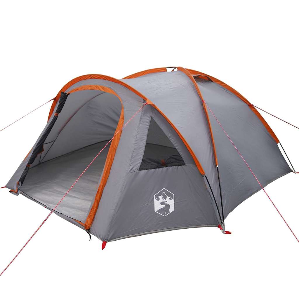 Zijaanzicht van de vidaXL Camping Tent in grijs en oranje met ingangen en bevestigingslijnen.