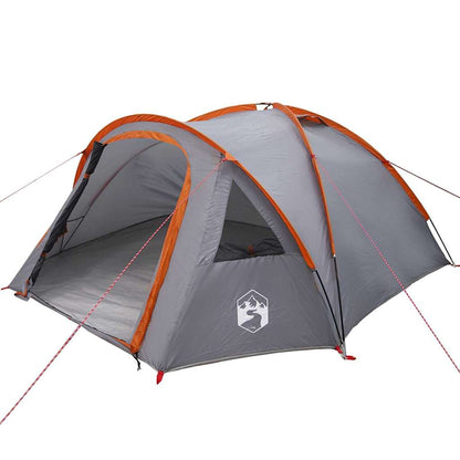 Zijaanzicht van de vidaXL Camping Tent in grijs en oranje met ingangen en bevestigingslijnen.
