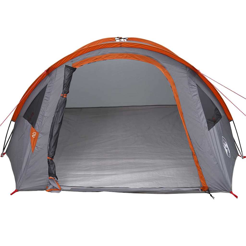 Zijaanzicht van de vidaXL Camping Tent in grijs met oranje details, met open ingang.