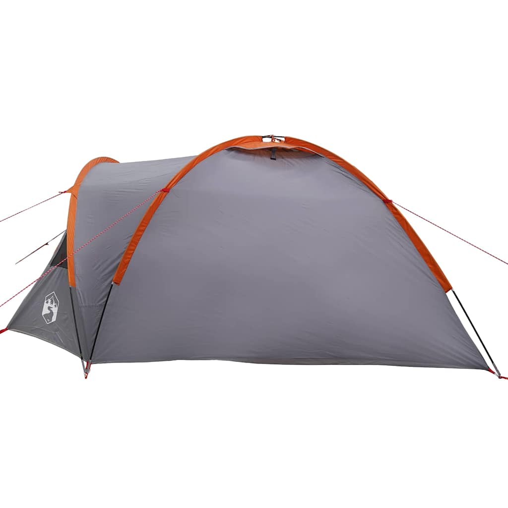 Grijze vidaXL campingtent met oranje details, zijaanzicht van de waterdichte constructie.