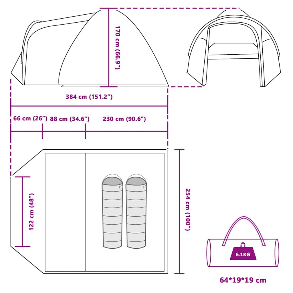Detailtekening van de vidaXL koepeltent met afmetingen en opbergtas.
