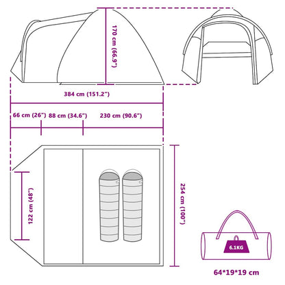 Detailtekening van de vidaXL koepeltent met afmetingen en opbergtas.