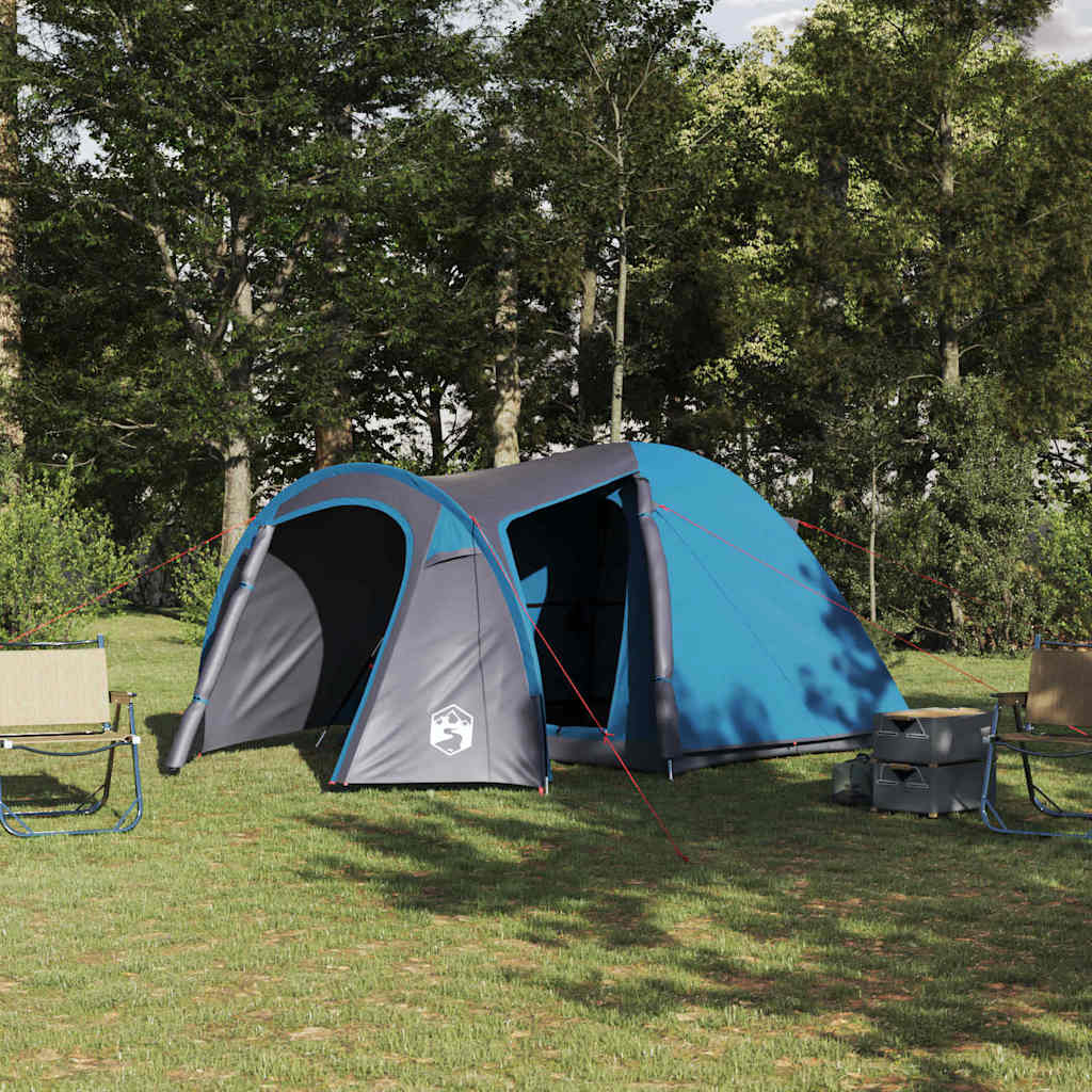 Blauwe vidaXL koepeltent met ruime ingang, geplaatst in een groene omgeving.