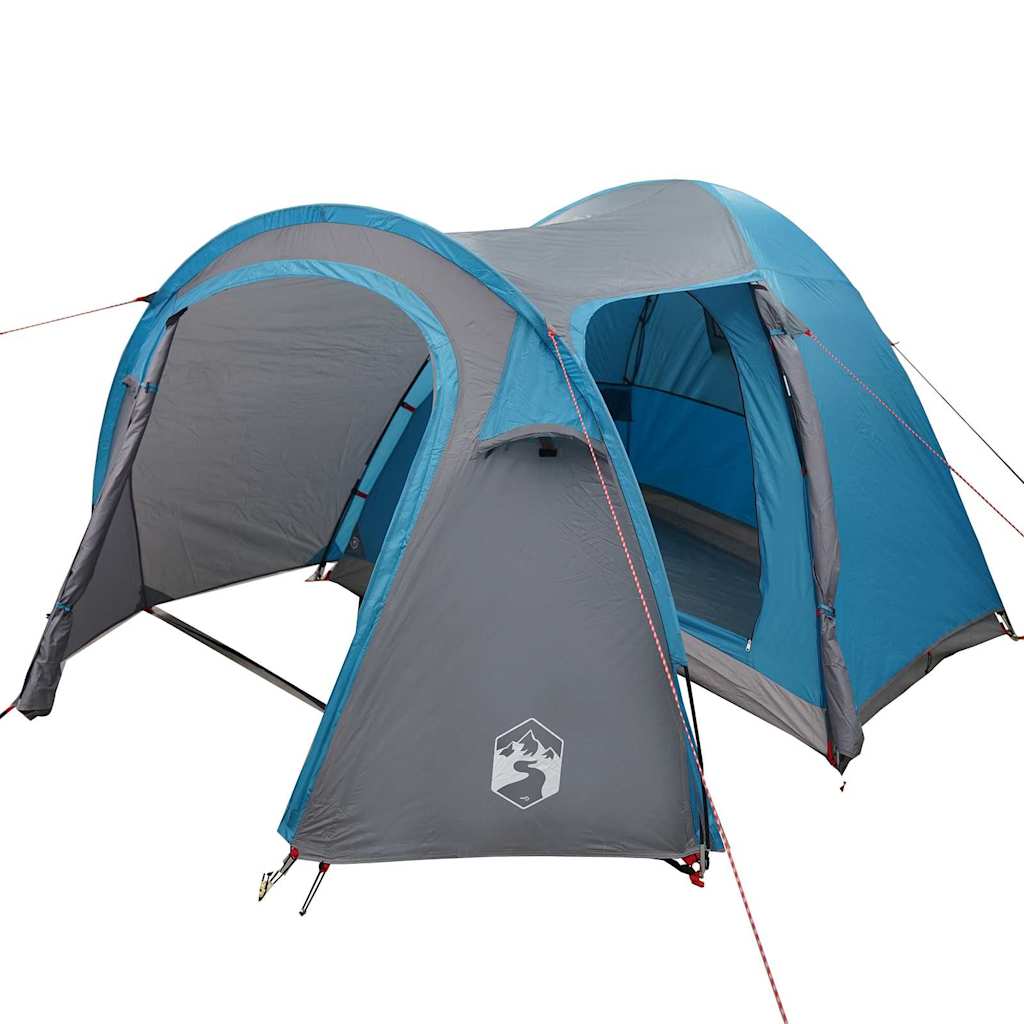 Detail van de vidaXL koepeltent in blauw, met zij-ingang en ventilatieroosters.