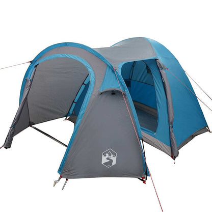 Detail van de vidaXL koepeltent in blauw, met zij-ingang en ventilatieroosters.