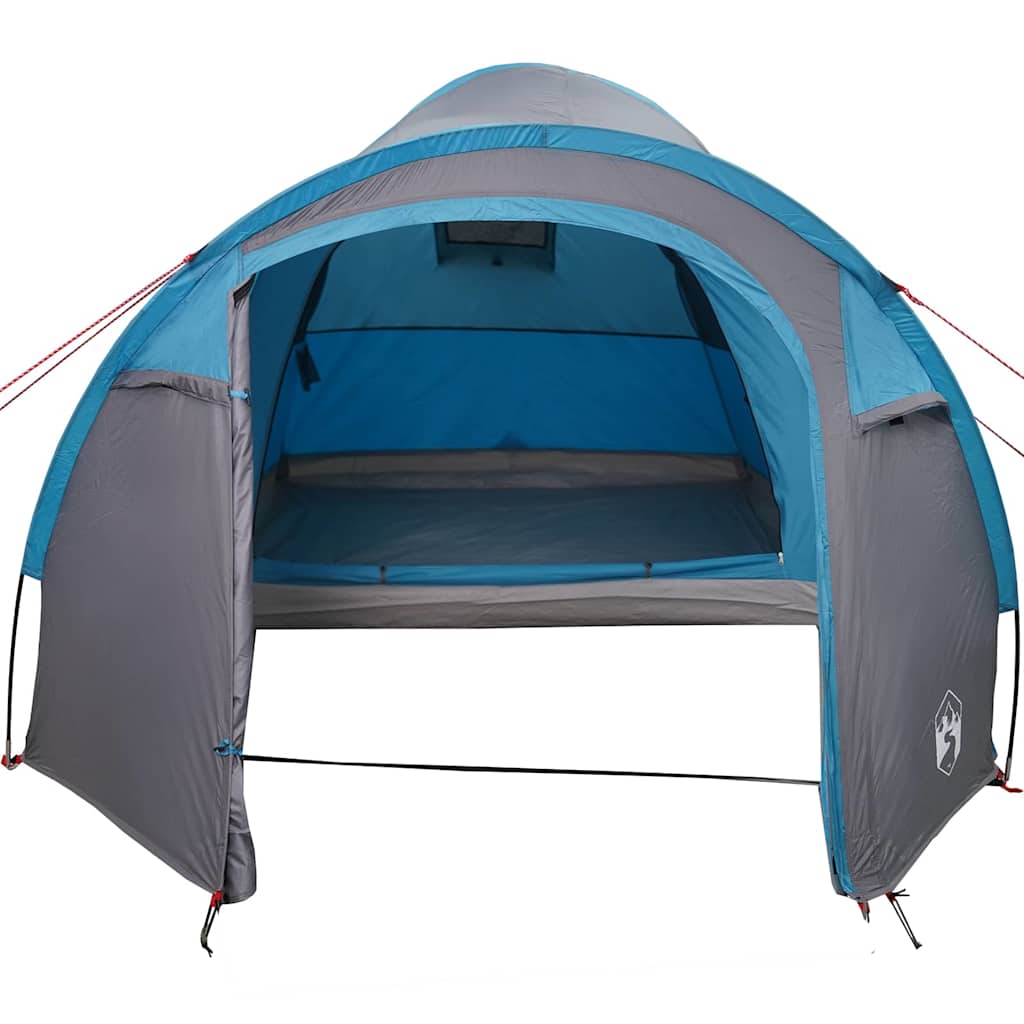 Zijaanzicht van de vidaXL koepeltent in blauw, met open ingang en ademend interieur.