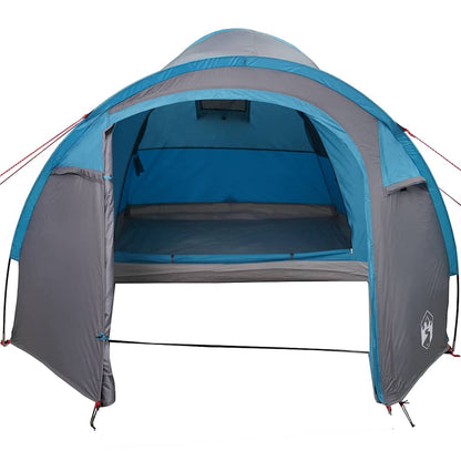 Zijaanzicht van de vidaXL koepeltent in blauw, met open ingang en ademend interieur.