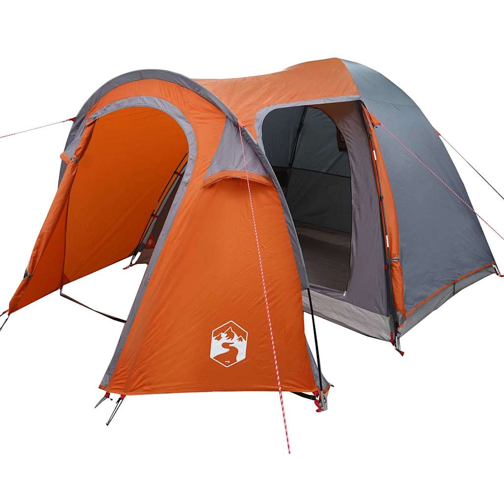 Detail van de grijs-oranje vidaXL koepeltent met open ingang en ventilatie.