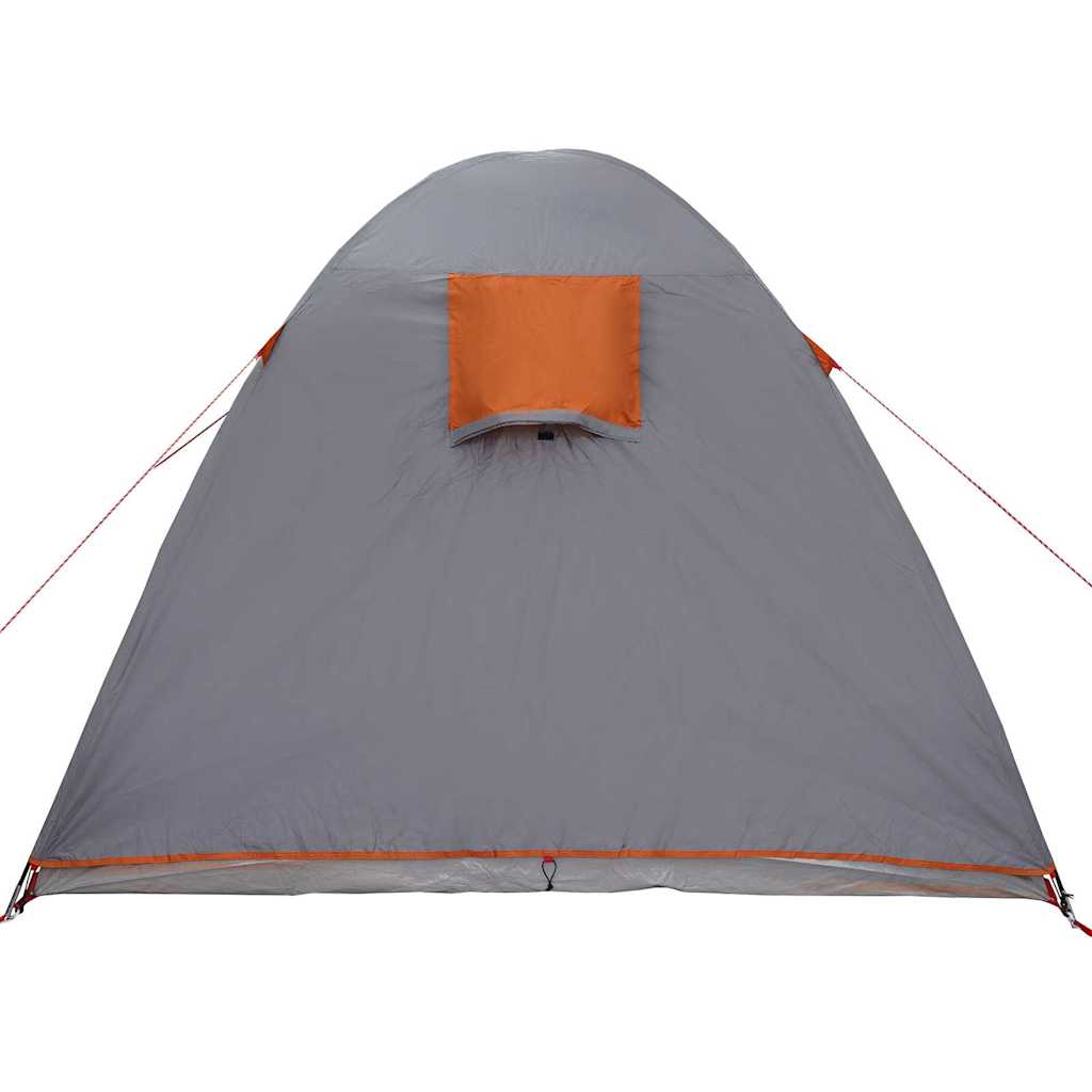 Zijaanzicht van de vidaXL koepeltent in grijs met oranje details en ventilatierooster.