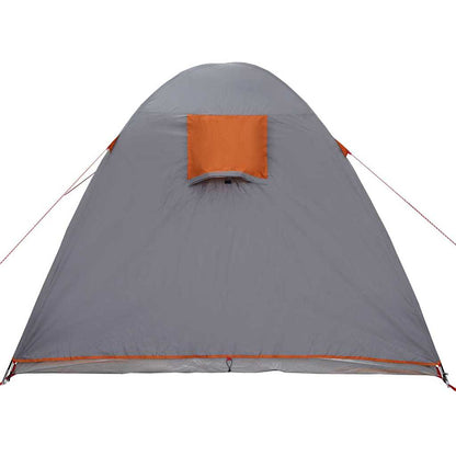 Zijaanzicht van de vidaXL koepeltent in grijs met oranje details en ventilatierooster.