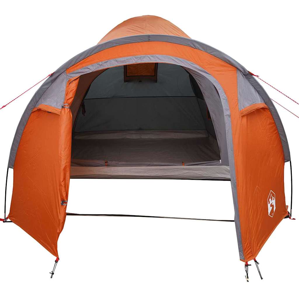 Zijaanzicht van de vidaXL koepeltent in grijs en oranje, met open ingang.