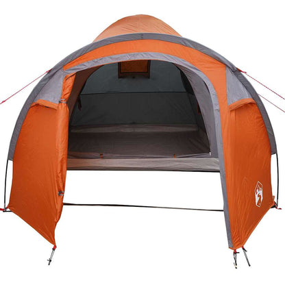 Zijaanzicht van de vidaXL koepeltent in grijs en oranje, met open ingang.