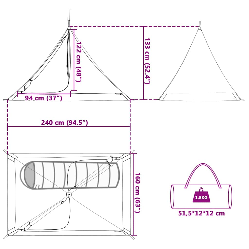 Detailtekening van de vidaXL binnentent met afmetingen en draagtas.
