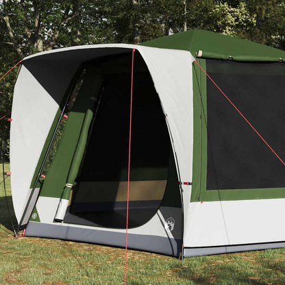 Detail van de vidaXL Camping Tent Huisje met groene en grijze kleur, zijaanzicht van de ingang.