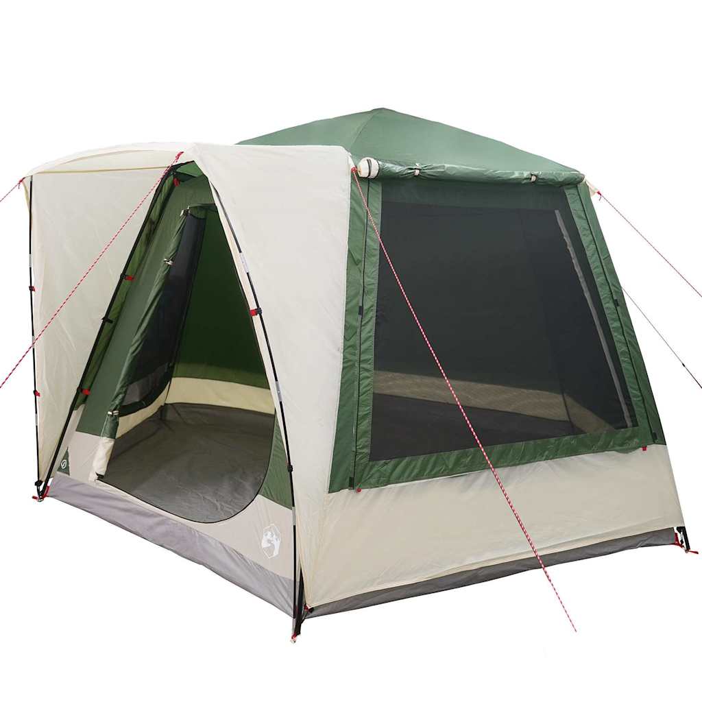Detail van de vidaXL Camping Tent Huisje met groene en beige kleuren, zijaanzicht.