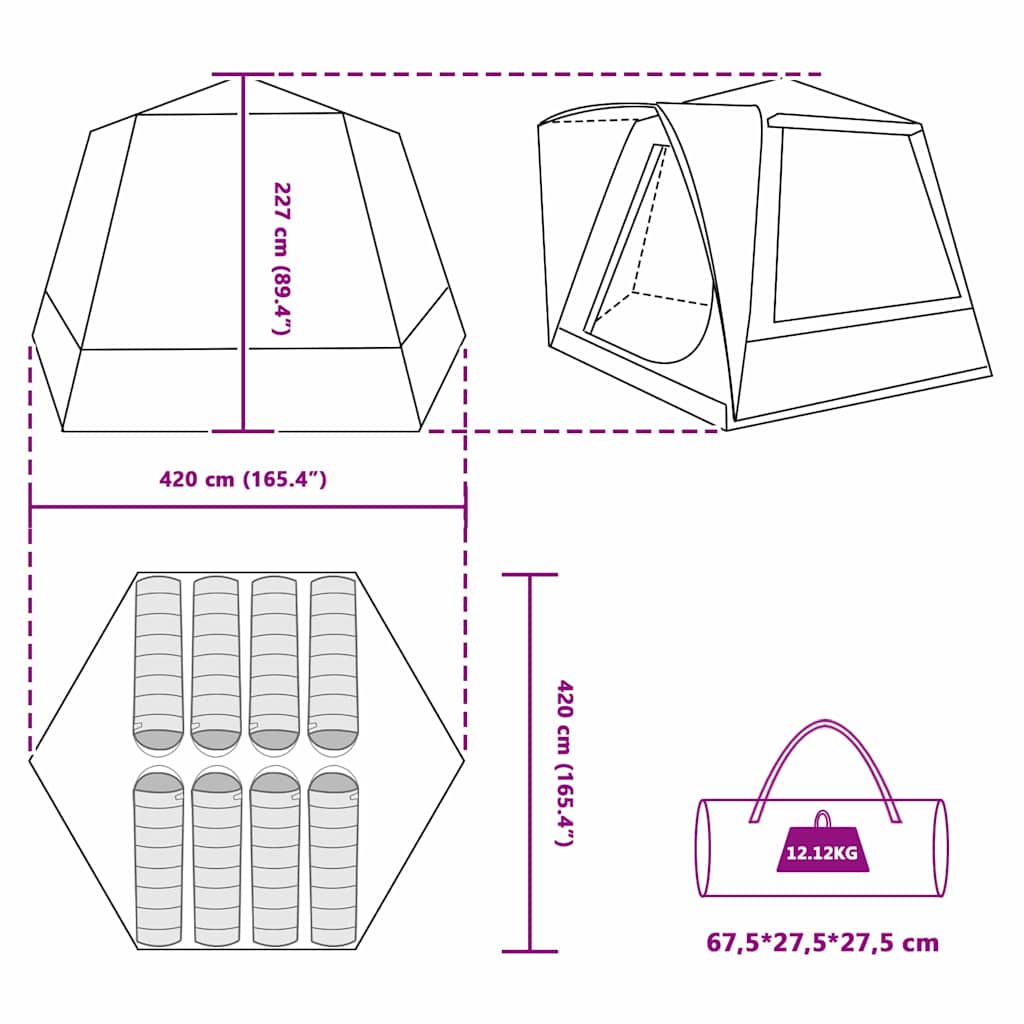 Detail van de vidaXL Camping Tent Huisje met afmetingen en ontwerptekeningen.