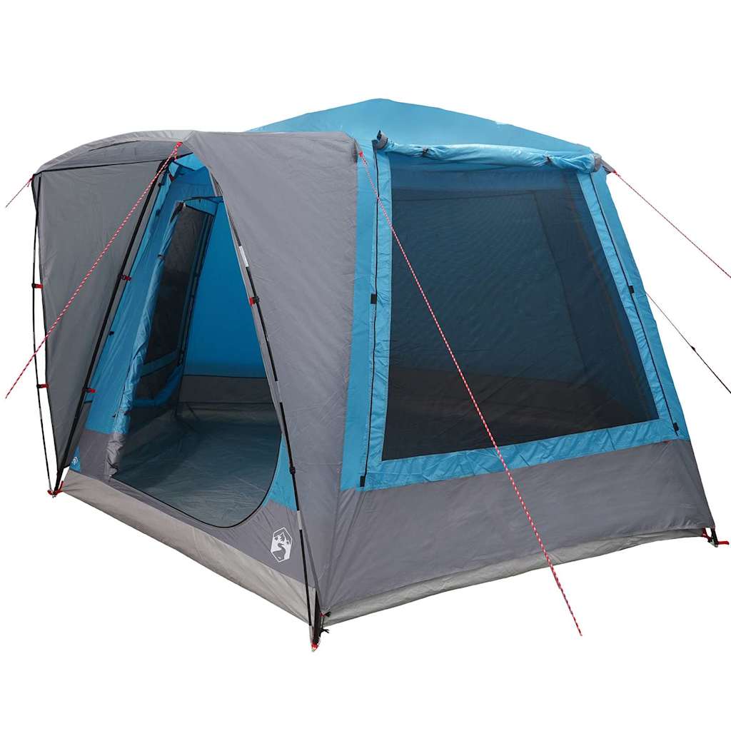 Zijaanzicht van de vidaXL campingtent in blauw en grijs met gaasramen.