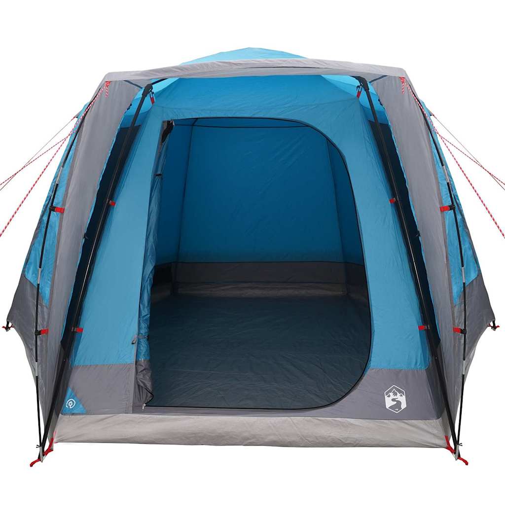 Zijaanzicht van de vidaXL campingtent met blauw en grijs interieur en open ingang.