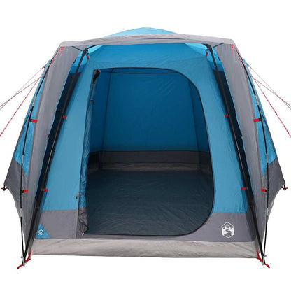 Zijaanzicht van de vidaXL campingtent met blauw en grijs interieur en open ingang.