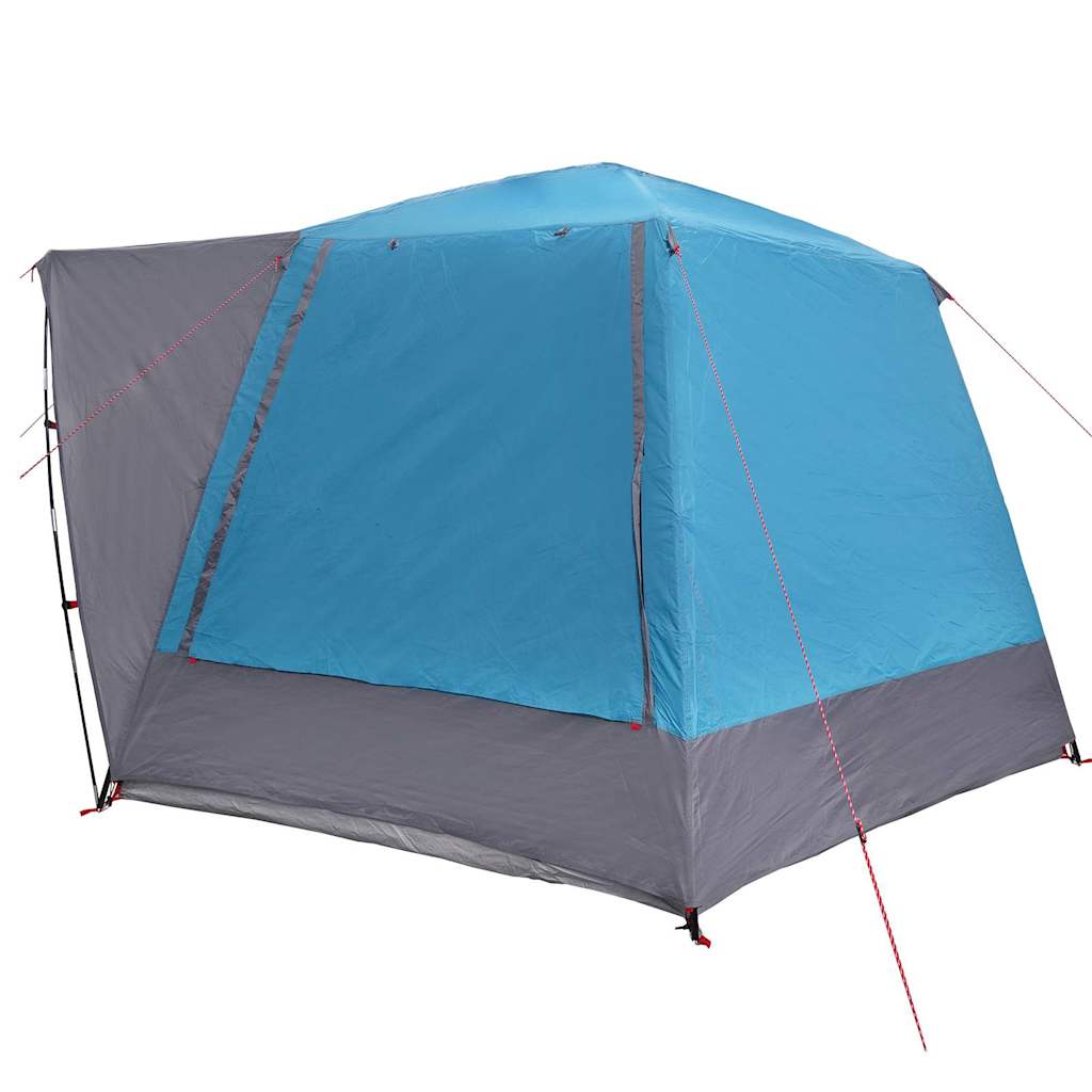 Zijaanzicht van de vidaXL campingtent in blauw met grijze details en stevige bevestigingen.