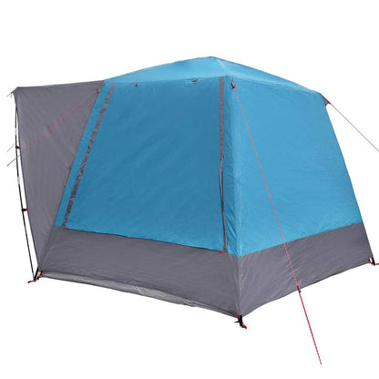 Zijaanzicht van de vidaXL campingtent in blauw met grijze details en stevige bevestigingen.