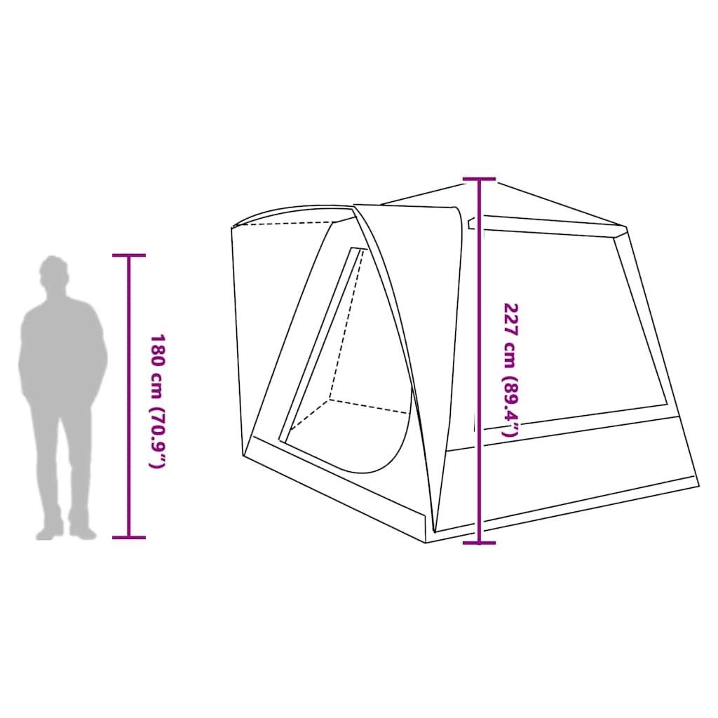 Zijaanzicht van de vidaXL campingtent met afmetingen en hoogteindicatie.