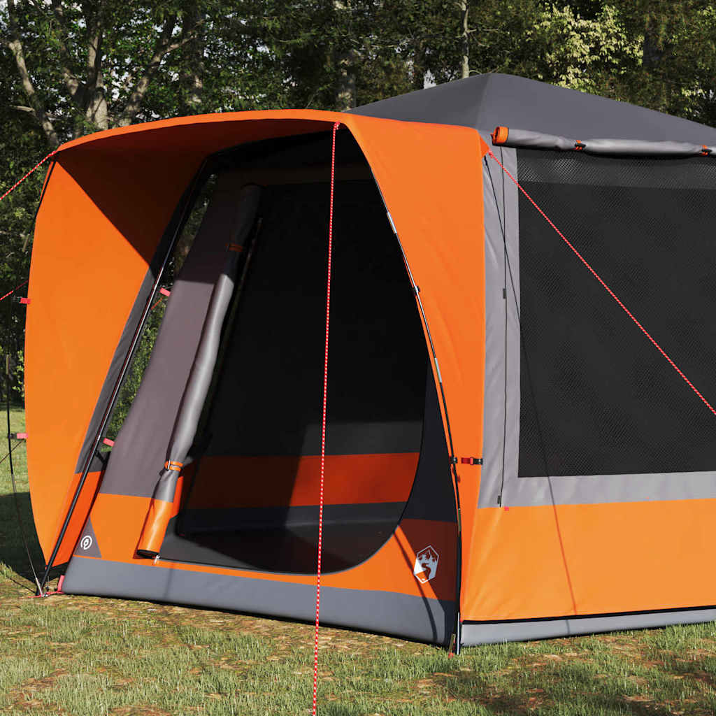 Detail van de grijze en oranje entrada van de vidaXL campingtent met gaasramen.