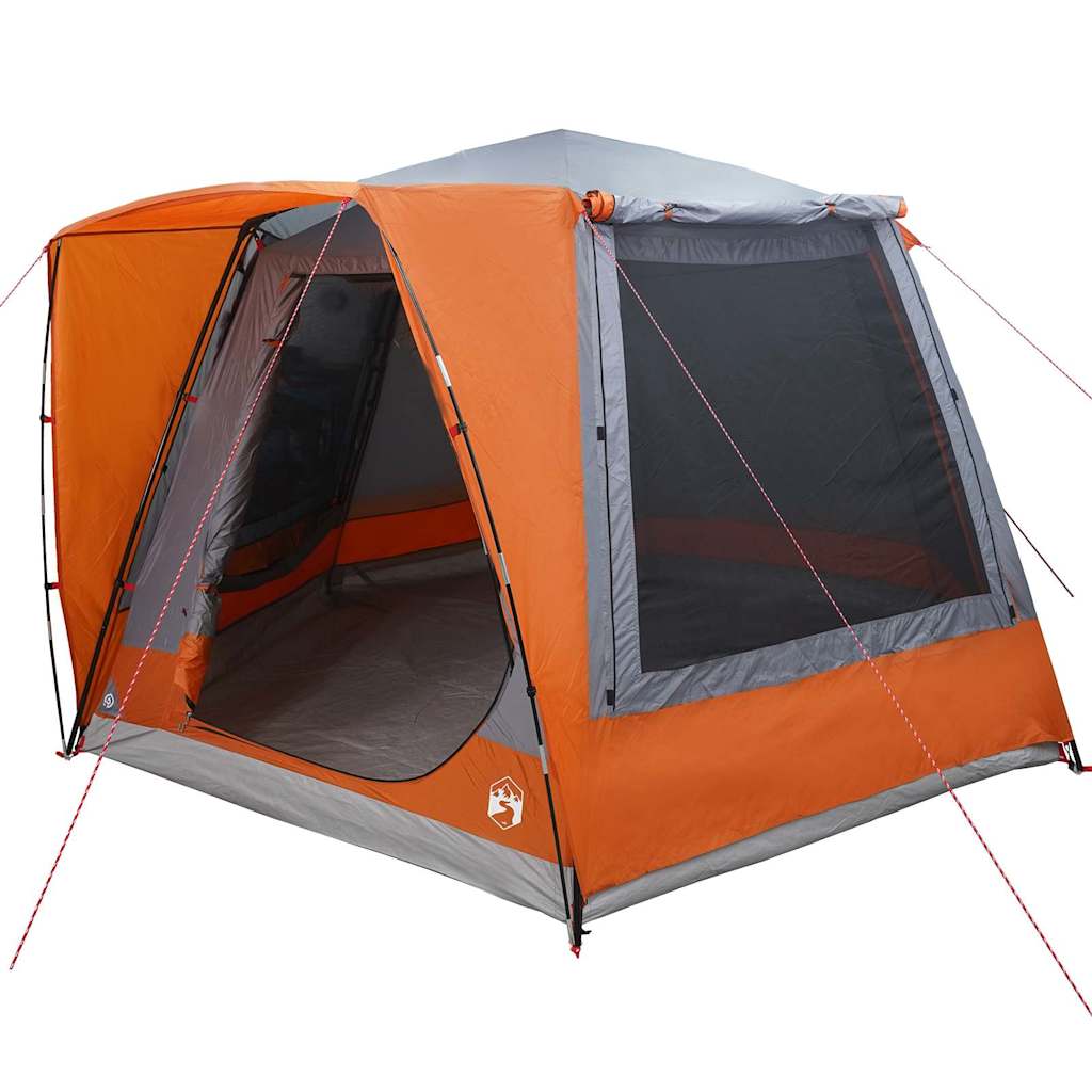 Zijaanzicht van de vidaXL campingtent in grijs en oranje met gaasramen.
