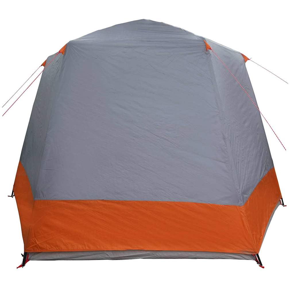 Achteraanzicht van de vidaXL campingtent in grijs en oranje, met stevige constructie.