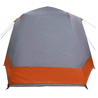 Achteraanzicht van de vidaXL campingtent in grijs en oranje, met stevige constructie.