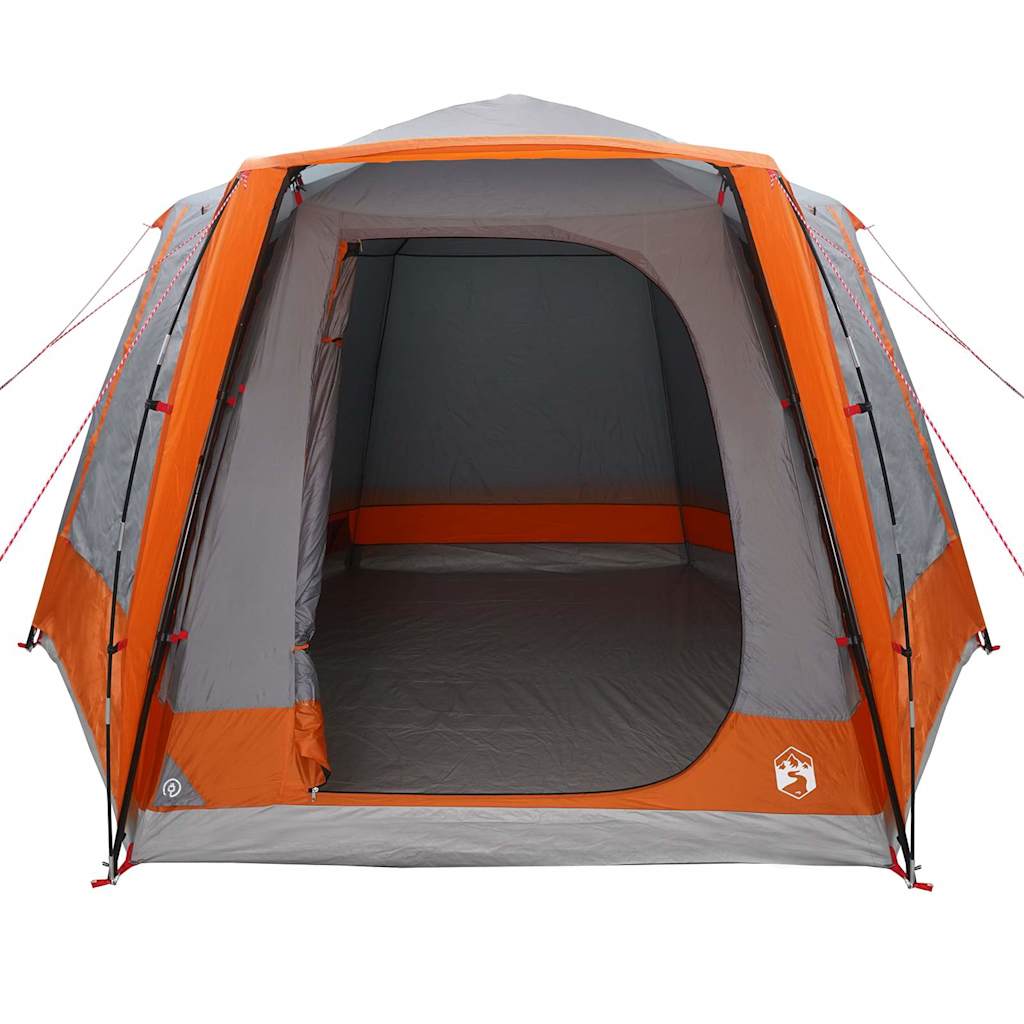 Binnenkant van de vidaXL campingtent in grijs en oranje, met ruime indeling en ademend materiaal.