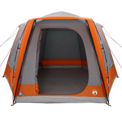 Binnenkant van de vidaXL campingtent in grijs en oranje, met ruime indeling en ademend materiaal.