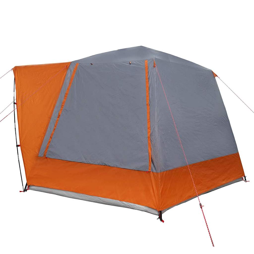 Detail van de vidaXL campingtent in grijs en oranje, zijaanzicht met ventilatierooster.