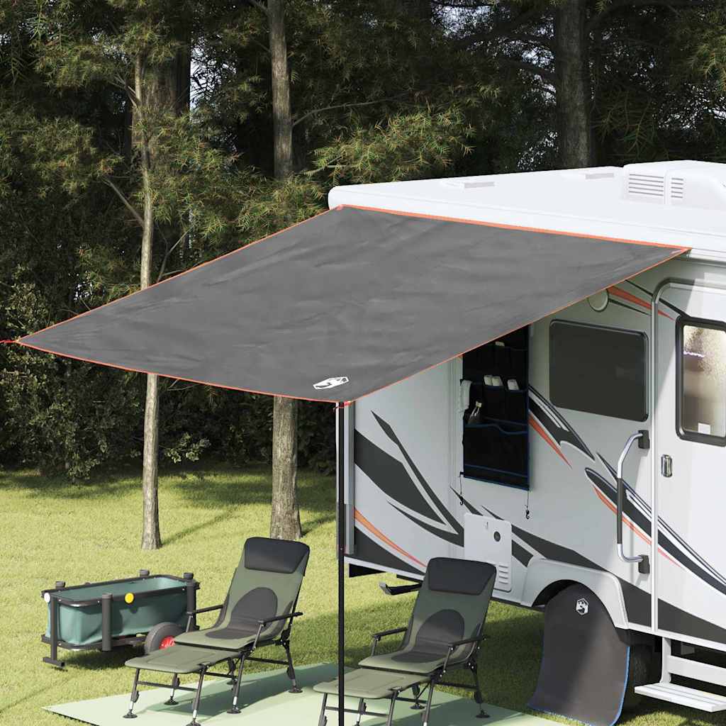 Grijs en oranje vidaXL waterdicht zeil van 240 x 300 cm, bevestigd aan een camper.