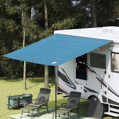 Blauw vidaXL waterdicht zeil met dak, bevestigd aan een camper in een groene omgeving.