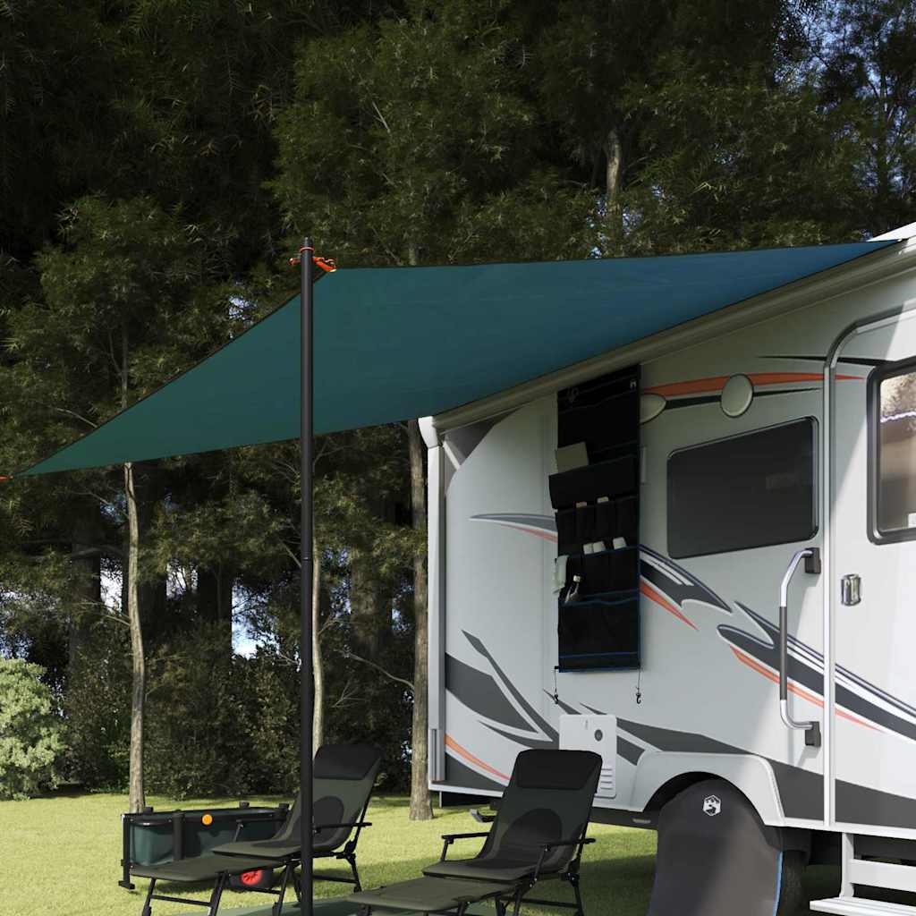 Detail van het blauwe vidaXL waterdichte zeil met dak, bevestigd aan een caravan.