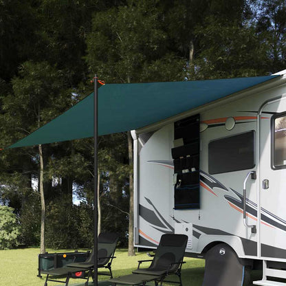 Detail van het blauwe vidaXL waterdichte zeil met dak, bevestigd aan een caravan.